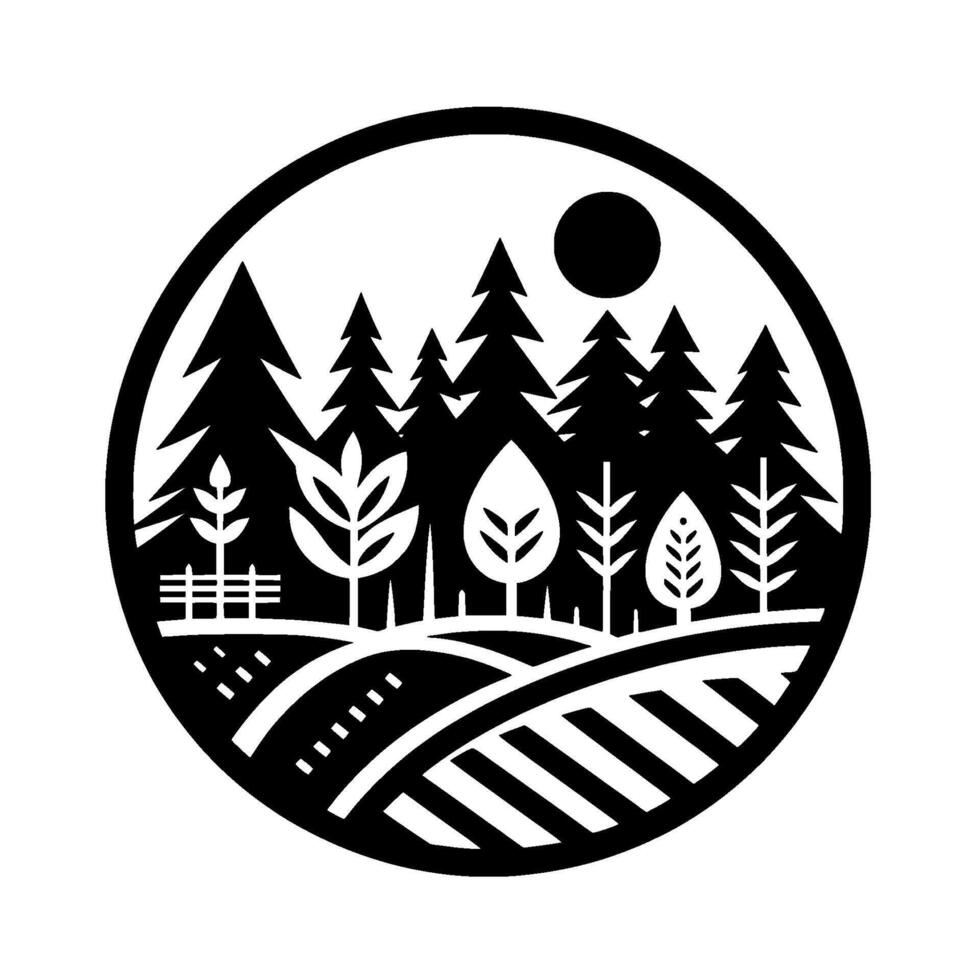 Stylized monochrome landscape in a circle frame depicting a forest scene, rolling hills, sun, and simple tree designs, illustrating a serene natural view. vector