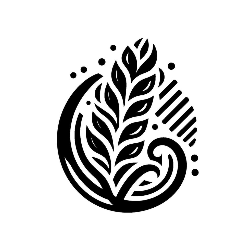 Abstract Monochrome Plant Illustration A stylized black and white featuring a central leaf arrangement within a curved, geometric frame, with decorative elements. vector