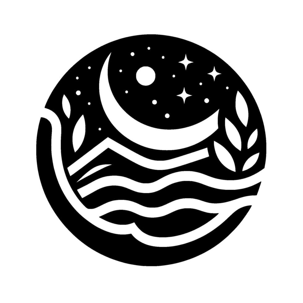 A minimalist, monochrome circular of a nighttime landscape crescent moon, stars, mountain silhouette, ocean waves, and leafy elements. vector