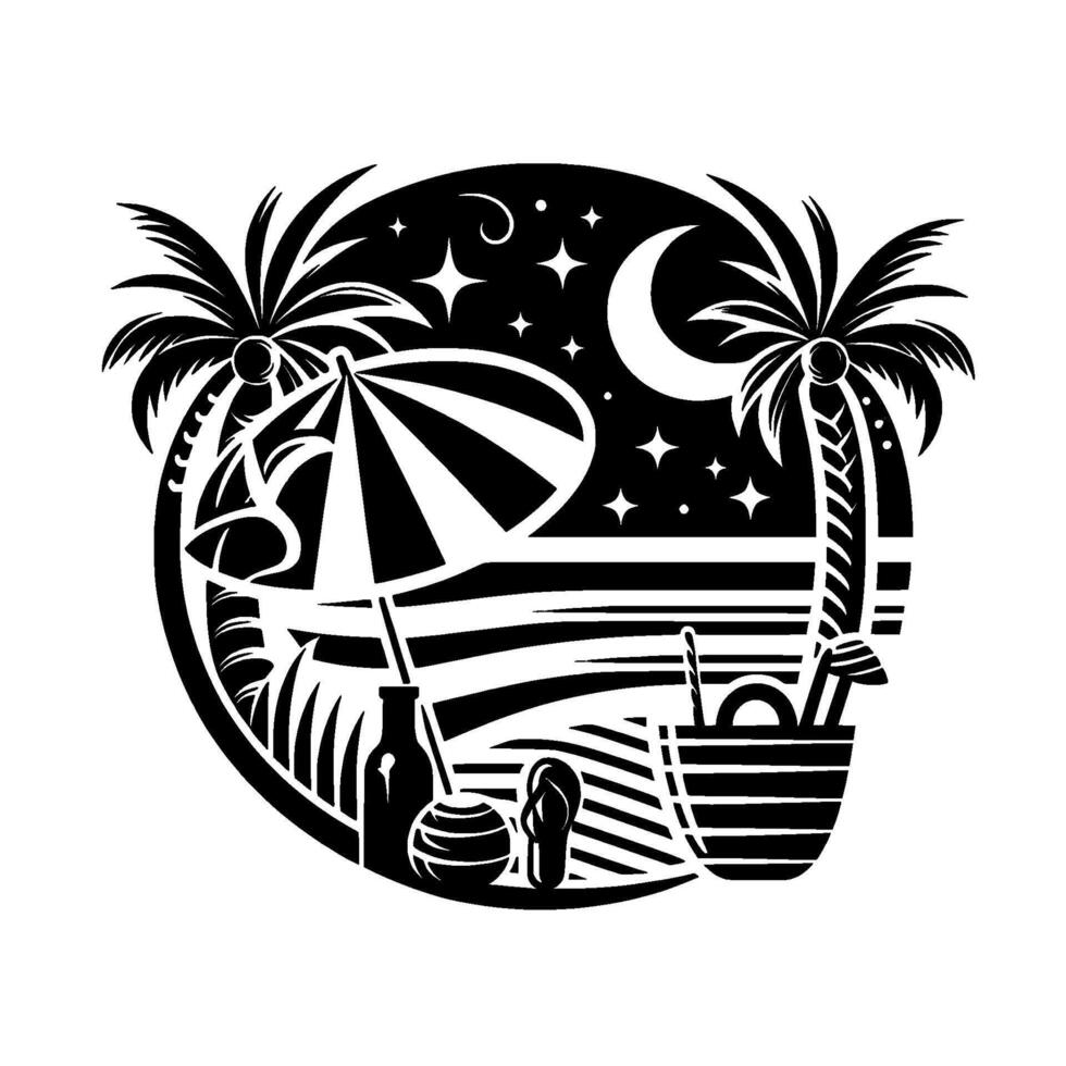 Nighttime Beach Scene Silhouette of Palm Trees, Umbrella, Moon, Stars, Drinks, Accessories, and Ocean Waves, within a Circular Frame vector