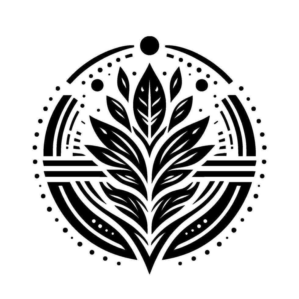 Intricate Black and White Botanical Mandala with Leafy Center, Geometric Accents, and a DotEmbellished Circular Frame. vector