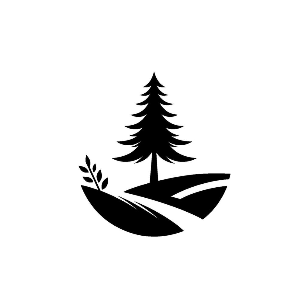 Minimalist Black and White Logo Coniferous Tree on a Curving Landscape with Sprig. vector