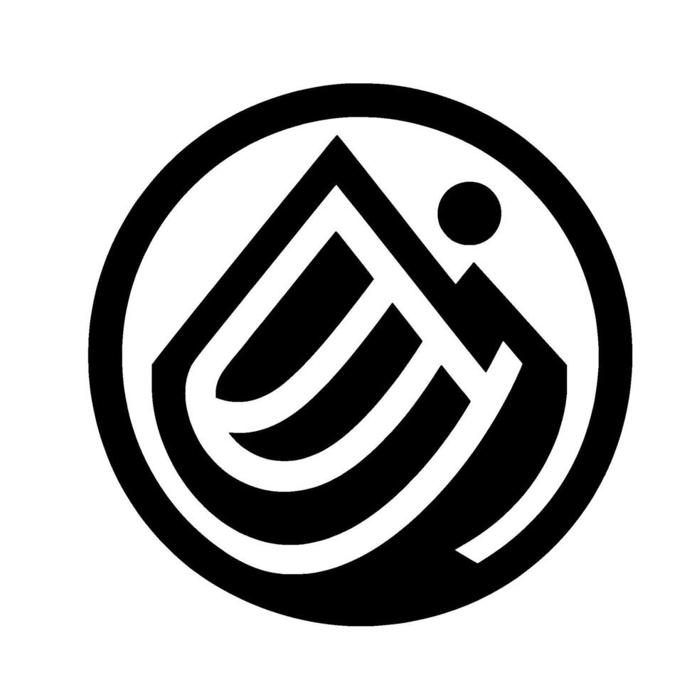 Abstract black and white circular featuring stylized mountain and sun in a minimalist geometric composition. vector