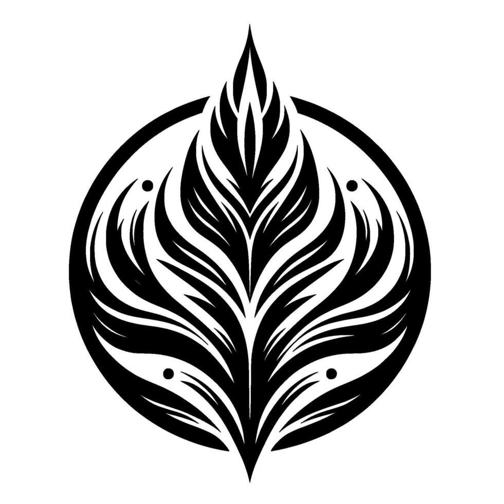 A symmetrical black and white botanical featuring stylized leaves within a circular frame, evoking a sense of balance and elegance. vector