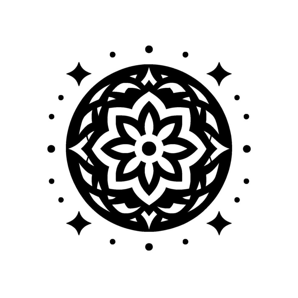 Intricate black and white floral mandala with radiating dots and starburst accents on a clean white background, minimalist art. vector