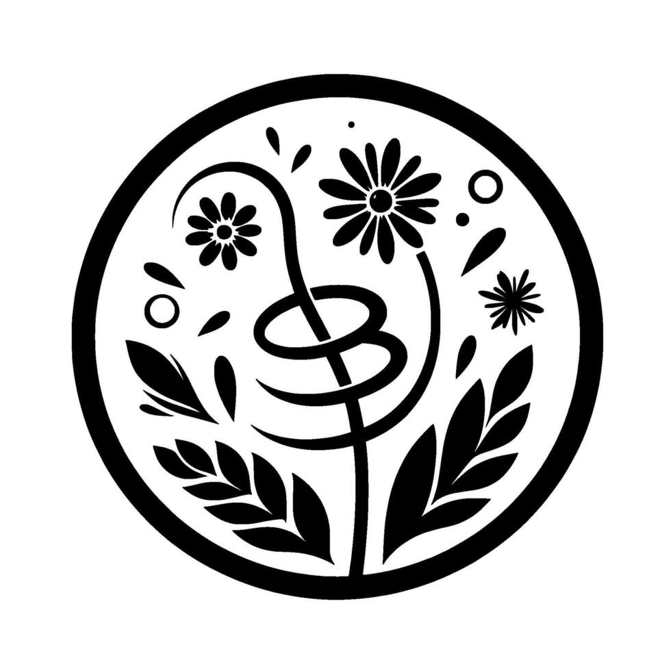 Minimalist Black and White Floral Mandala Design, Featuring Daisies, Leaves, and Ornamental Spirals, within a Circular Frame. vector