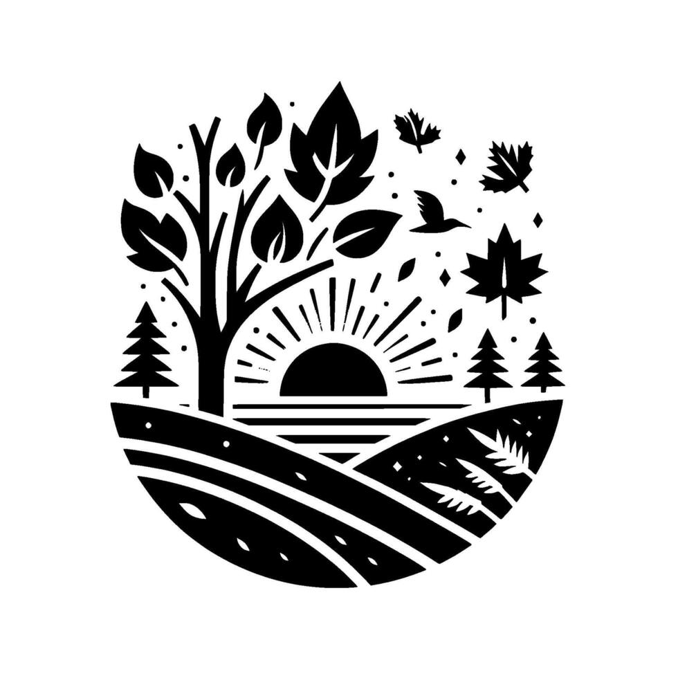 A stylized monochrome scene of a sunset over a field with a tree, falling leaves, pine trees, a bird in flight, and stylized water. vector