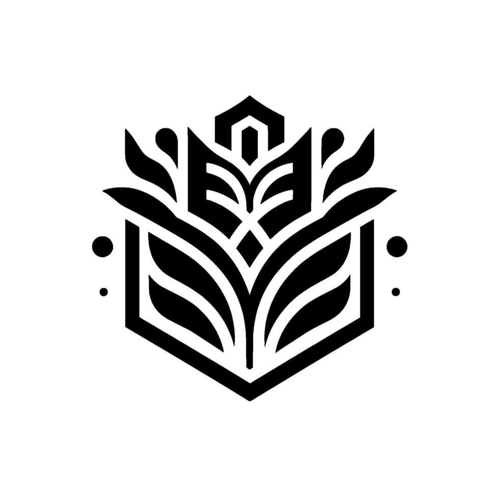 Geometric black and white floral emblem, featuring stylized leaves and a central floral element within a hexagonal frame, with decorative accents. vector