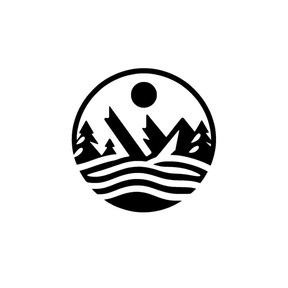 A circular black and white minimalist featuring mountain peaks, pine trees, a sun, and wavy lines, all set against a stark white background, evoking a sense of natural beauty and outdoor adventur vector