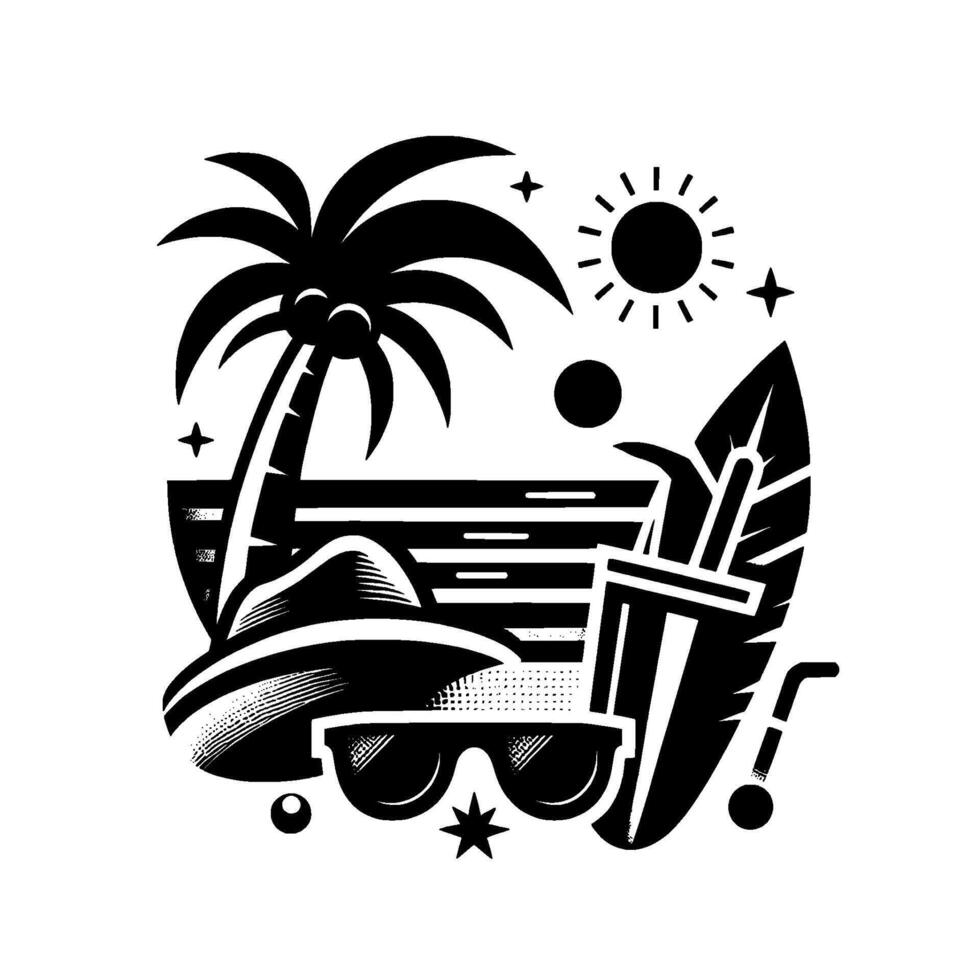 A stylized black and white illustration depicting a tropical vacation scene, featuring a palm tree, sunglasses, and surfing equipment, on a sunny beach. vector