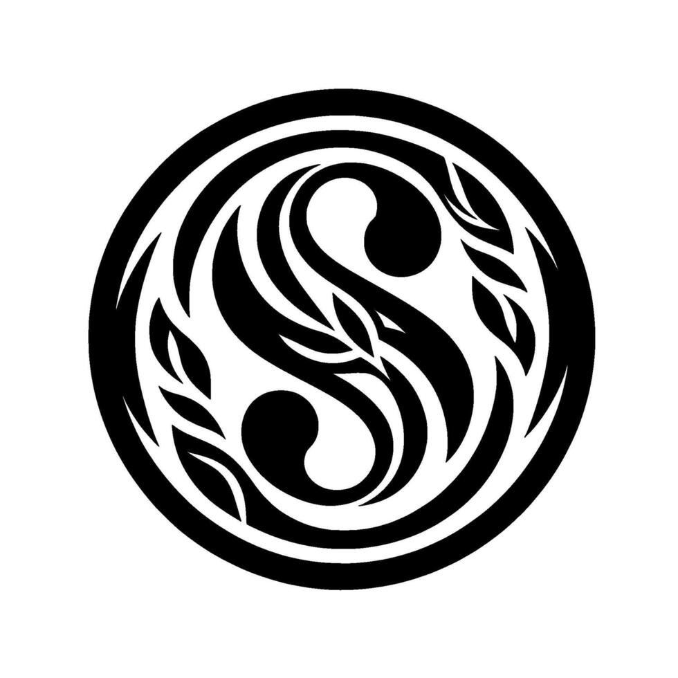 Intricate Black and White YinYangEsque within Circle, Featuring Floral Elements vector
