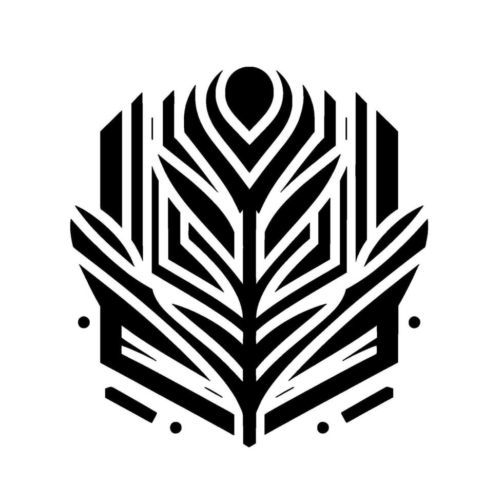Geometric Botanical Illustration A symmetrical, black and white of a stylized leaf arrangement, featuring sharp lines, geometric shapes, and minimalist aesthetics on a clean white background. vector