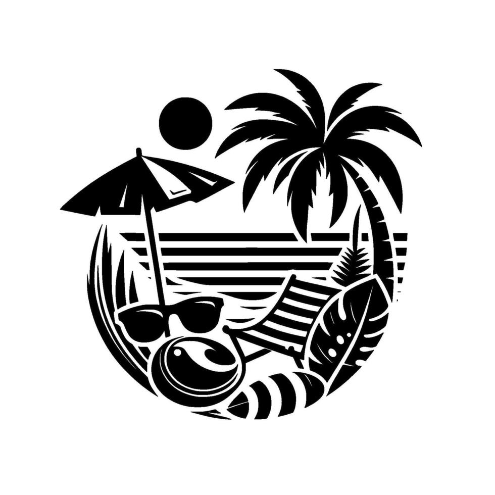 Black and White Summer Vacation Scene Silhouette of a Beach with Palm Tree, Umbrella, Sunglasses, Beach Chair, Sun, and Waves, within a circle. vector