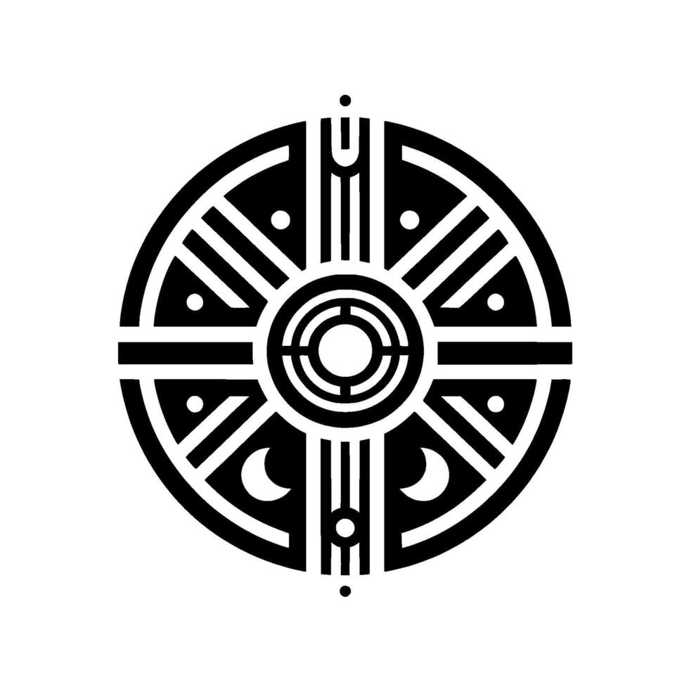 A symmetrical, monochrome featuring a central nested circle, geometric patterns, and crescent moon motifs, evoking a sense of ancient symbolism. vector