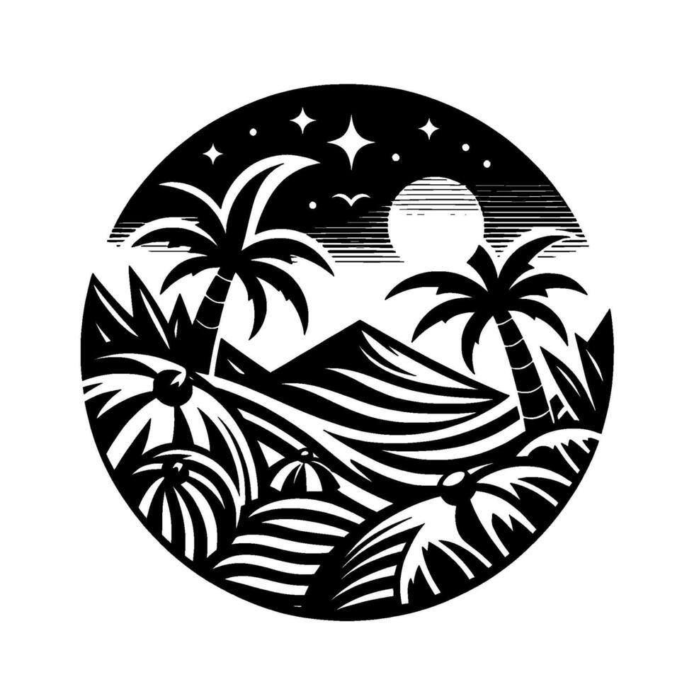 Black and white circular design tropical night scene with palm trees, mountains, moon, stars, and beach umbrellas. vector