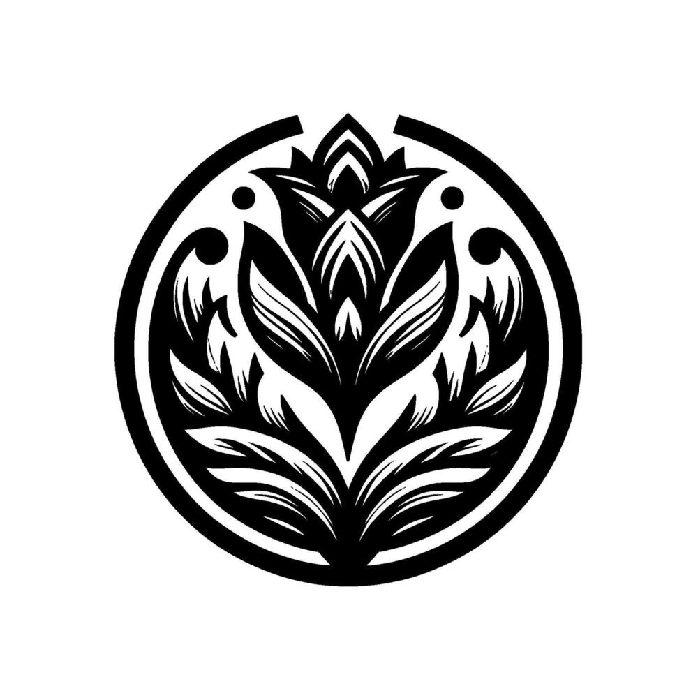 A symmetrical, black and white floral within a circular frame, showcasing layered leaves and petals, evoking elegance and simplicity. vector