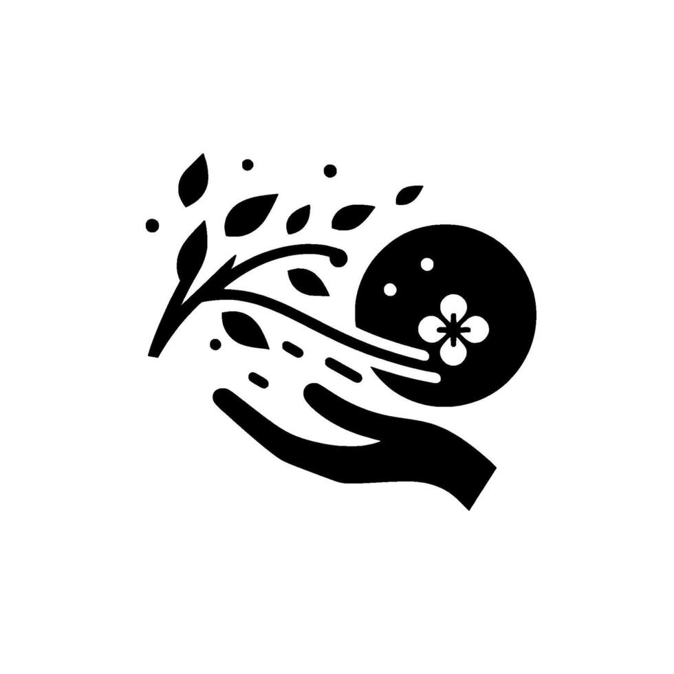 Minimalist Symbol Hand cradling a flowering orb, branch, and leaves, set against a crisp, white background, representing nurturing. vector
