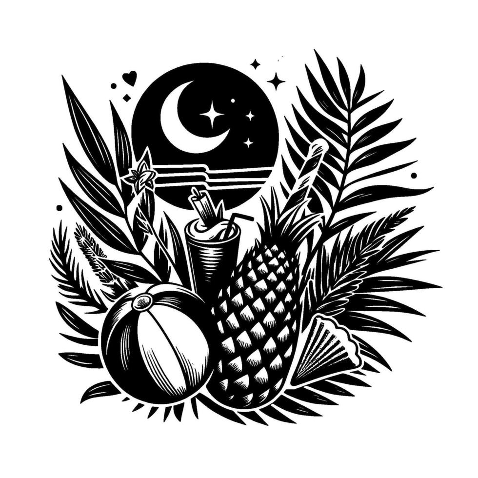 Black and white tropical illustration featuring a crescent moon, beach ball, pineapple, drink, and leaves, evoking summer night ambiance. vector