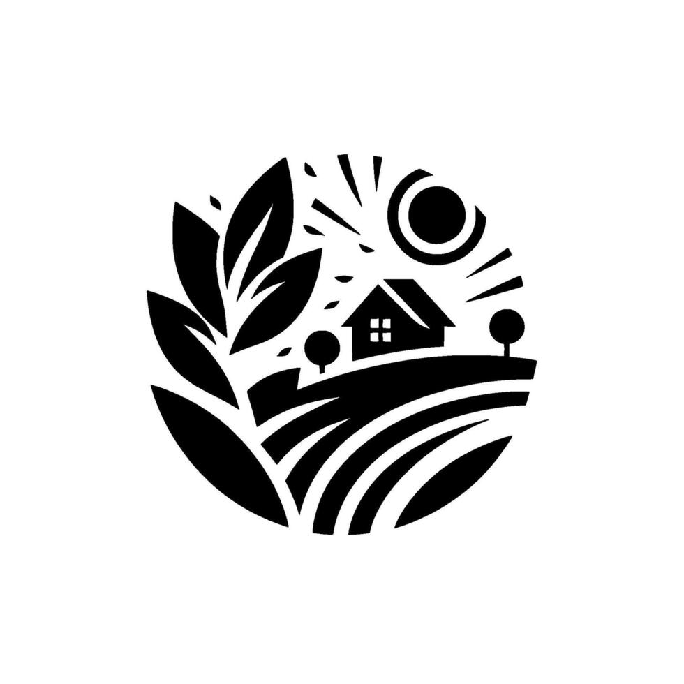 A Black and White Circular Depicting a Rural Farm Scene Rolling Hills, a House, Trees, Sun, and Foliage, Emphasizing Nature and Harmony. vector