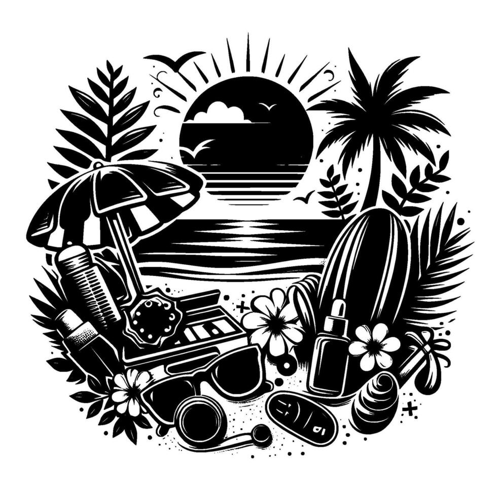 Black and White Illustration of a Beach Scene Featuring a Sunset, Surfboard, and Relaxation Elements. vector