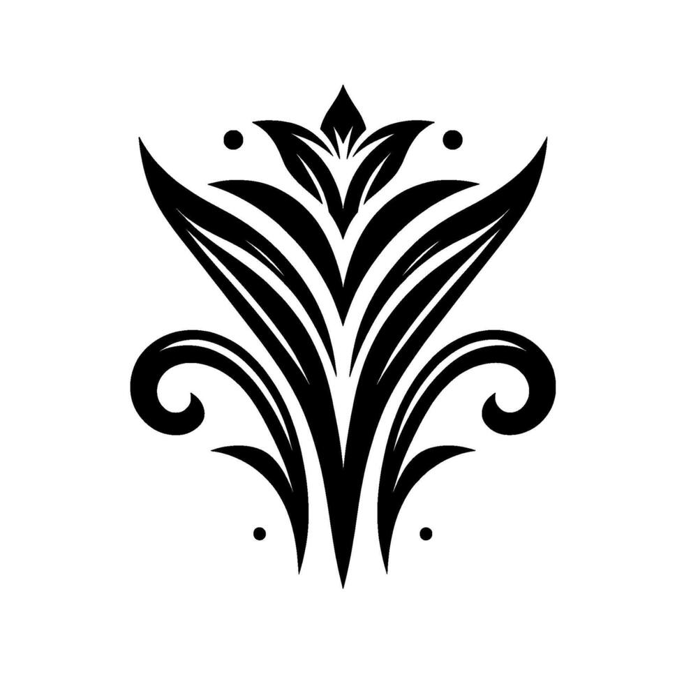 Elegant Black and White Floral Crest A Symmetrical Featuring Stylized Leaves, Flourishes, and Geometric Elements, on a Clean White Background. vector