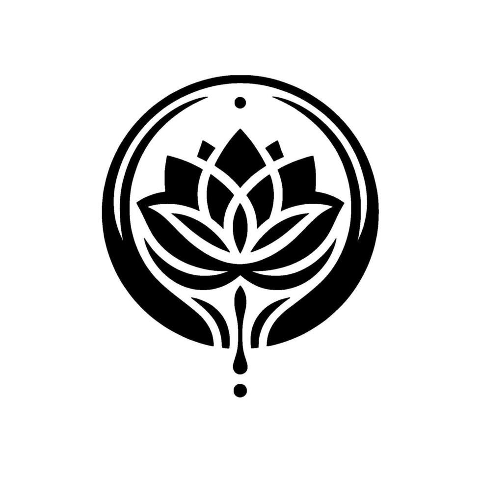 Geometric Lotus Emblem A symmetrical black and white featuring a stylized lotus flower within a circular frame, with a minimalist aesthetic and a single droplet. vector