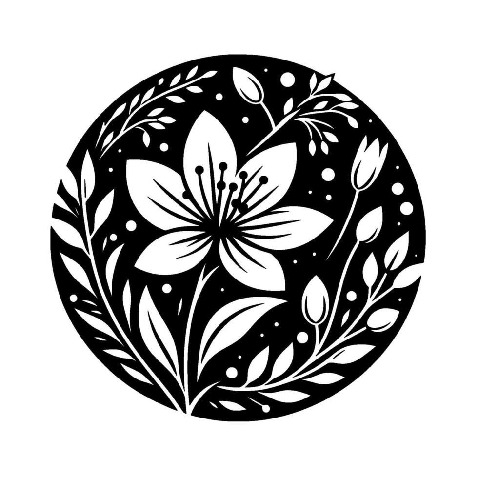 A striking black and white floral illustration, showcasing a central flower surrounded by leaves and buds within a circular frame, evoking simplicity and elegance. vector