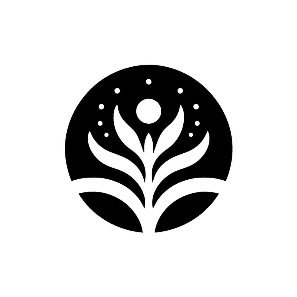Stylized botanical logo, a symmetrical black and white featuring a flowerlike form within a circle, with dots resembling stars around the central element. vector