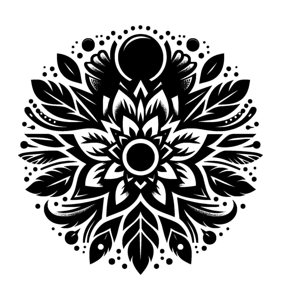 Intricate Black and White Floral Mandala Featuring Leafy Elements, Circles and Dots, Centered on a White Background vector