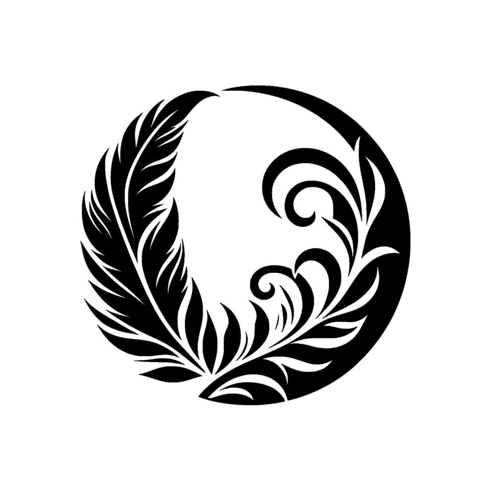 A symmetrical black and white illustration of a feather and floral pattern within a circle, exuding elegance and natures beauty. vector