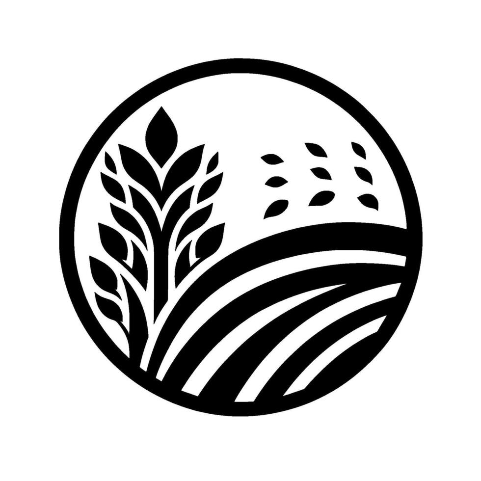 Stylized Black and White Illustration of a Wheat Field with a Plant, Leaves, and Striated Earth Within a Circular Frame. vector