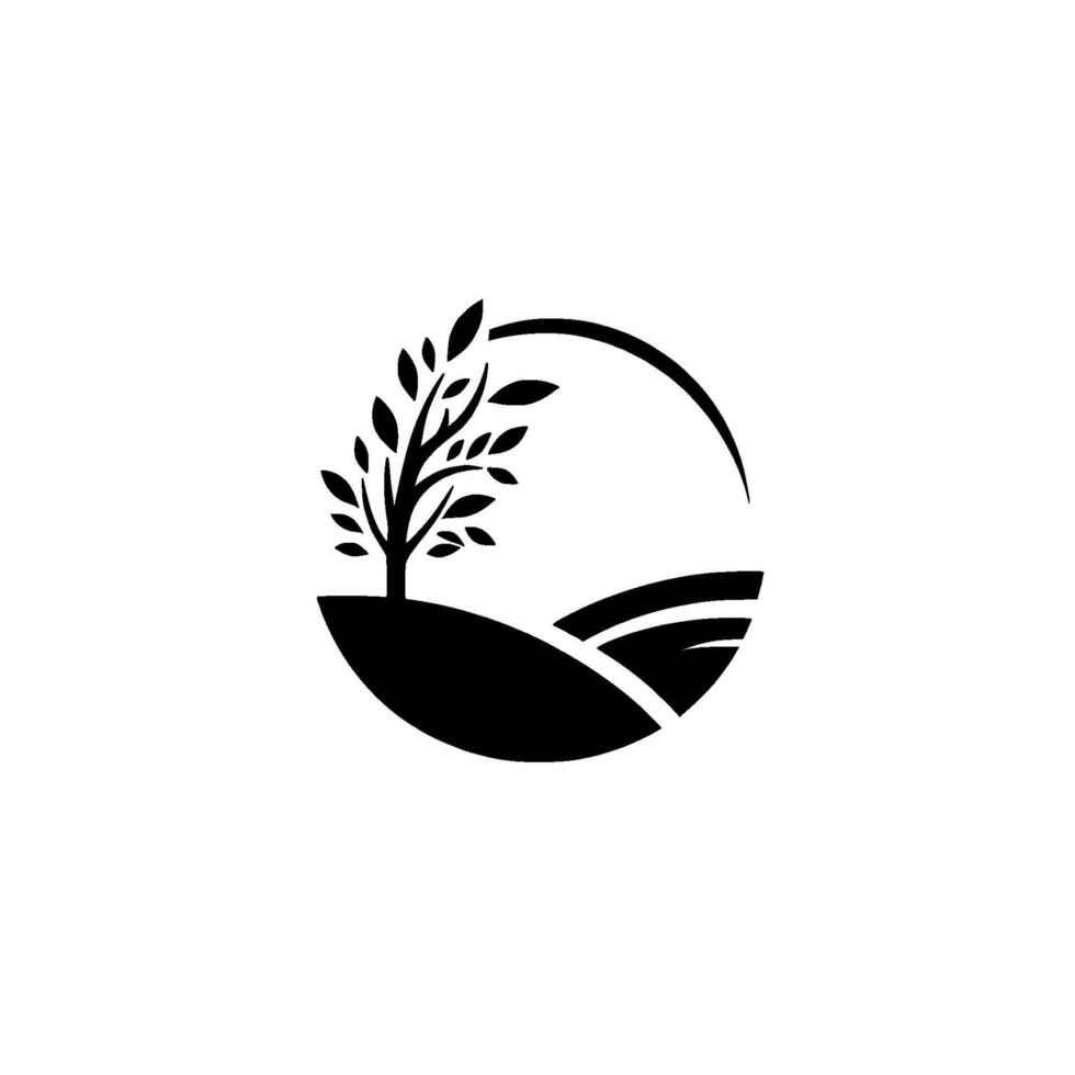 Minimalist Monochrome Logo A stylized tree with leaves on a hill, encompassed by a curved line evoking a sense of peace and natures tranquility, in a circular layout. vector