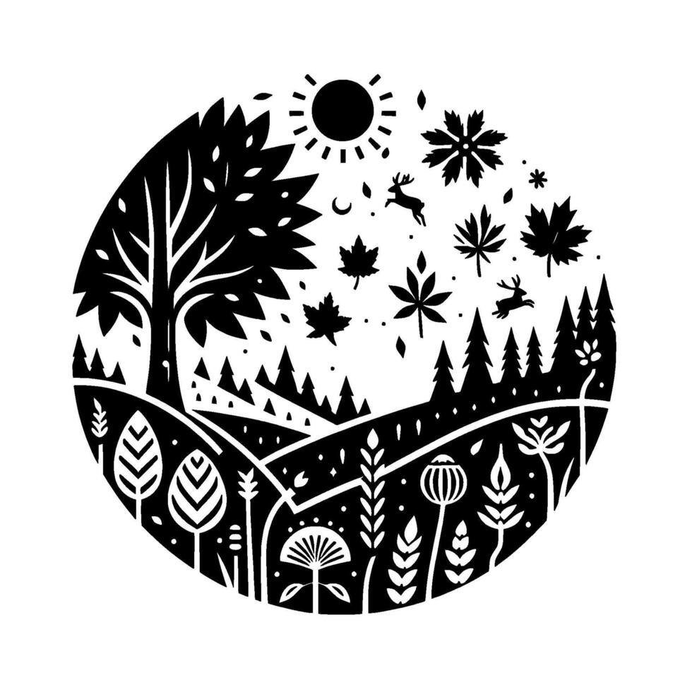 Circular Black White Illustration Autumnal Landscape with Deer, Trees, Leaves, Sun, and Various Plant Life. vector