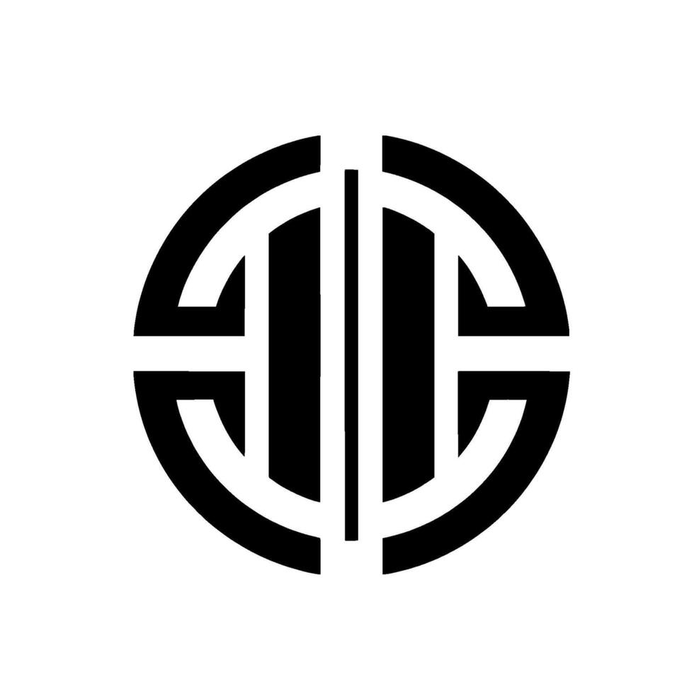 A minimalist, symmetrical featuring a bold, geometric emblem composed of interlocking shapes a stylized E within an incomplete circle on a pure white background. vector