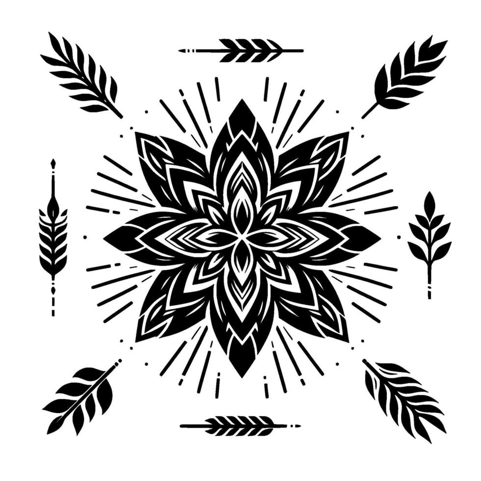 Symmetrical black and white floral mandala with radiating lines, surrounded by stylized foliage and wheatlike elements, conveying a sense of balance and design. vector