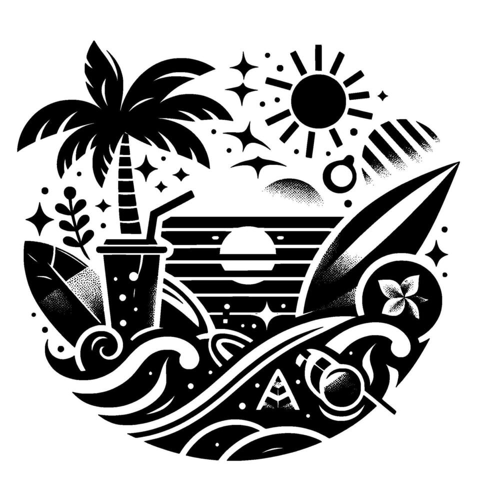 A monochromatic tropical summer emblem, featuring a stylized palm tree, surfboard, waves, a beverage, the sun, stars, and other beachthemed elements, arranged in a circular composition. vector