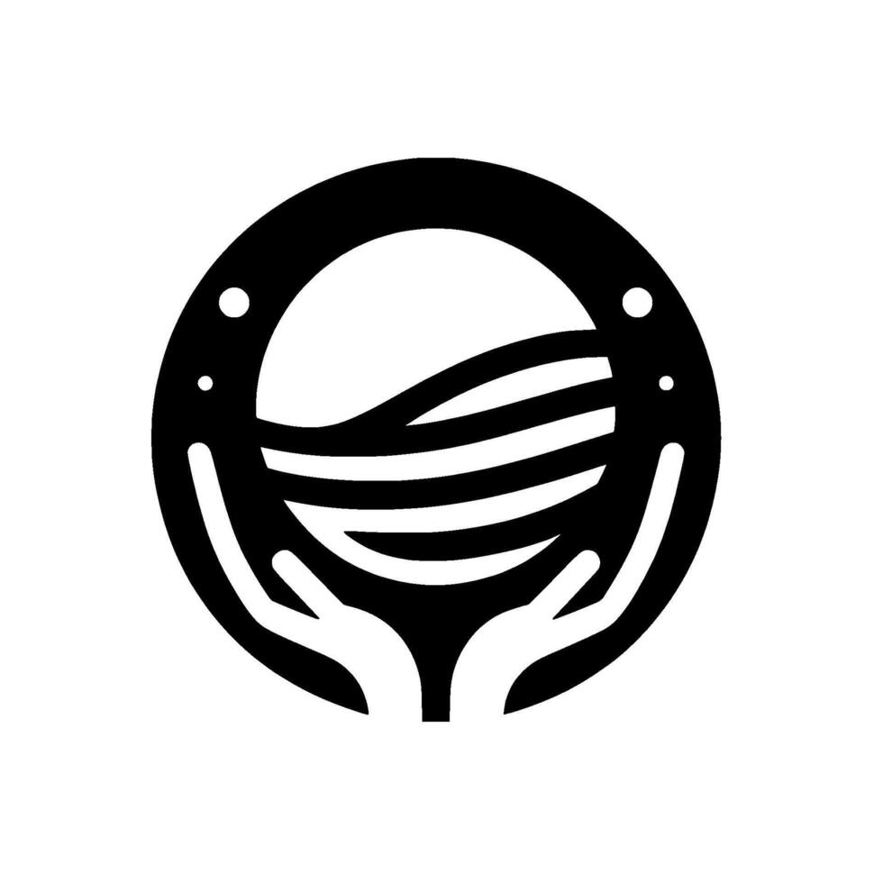 A minimalist black and white depicts hands cupping a stylized wavelike horizon within a circular frame, suggestive of care and protection. vector