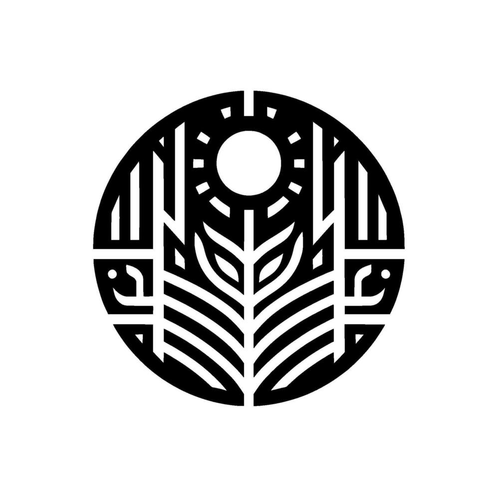 Stylized nature emblem featuring a sun, foliage, and geometric elements within a circular frame, presented in bold black and white contrast. vector