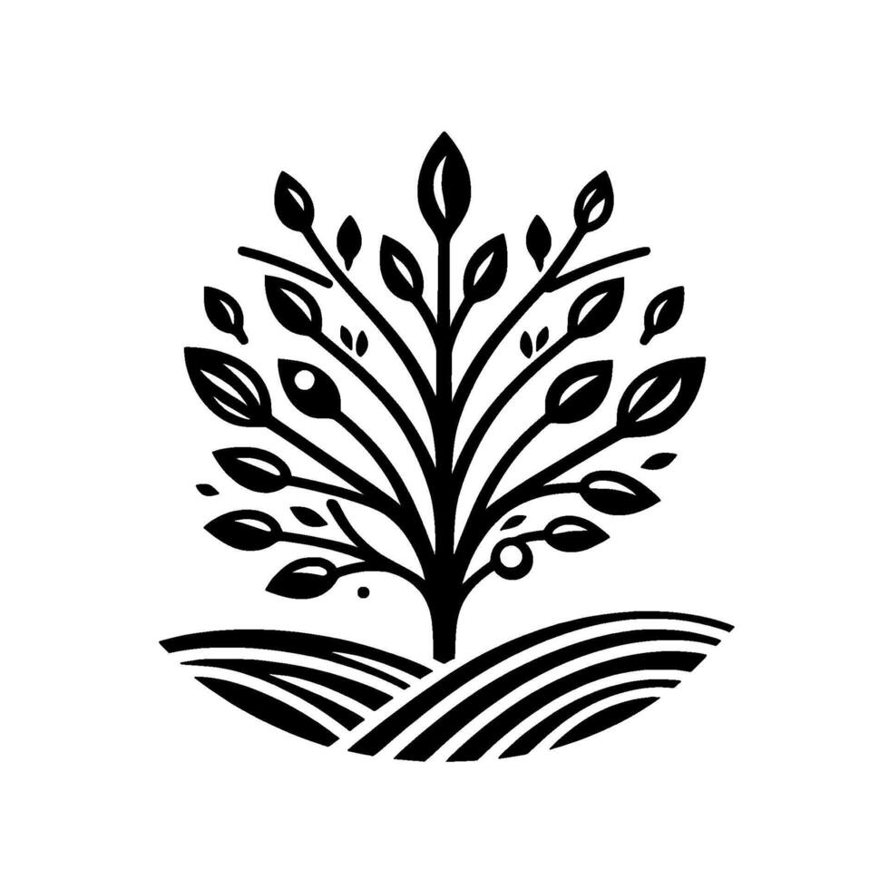 Minimalist Black White Emblem Stylized Tree with Leaves Berries, Symbolic of Growth, Nature Simplicity, Set on Rolling Hills. vector