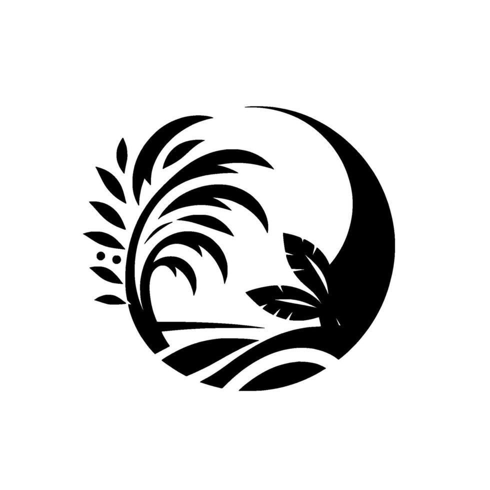 A stylized black and white tropical landscape, featuring a crescent moon framing palm fronds, a smaller palm, and land in a circular design. vector