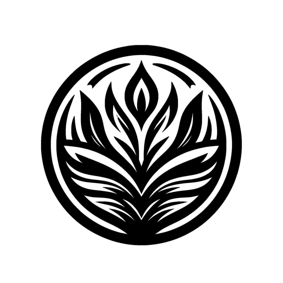 A symmetrical, stylized black and white floral emblem resembling a stylized lotus, encompassed by a black circular frame on a white background. vector