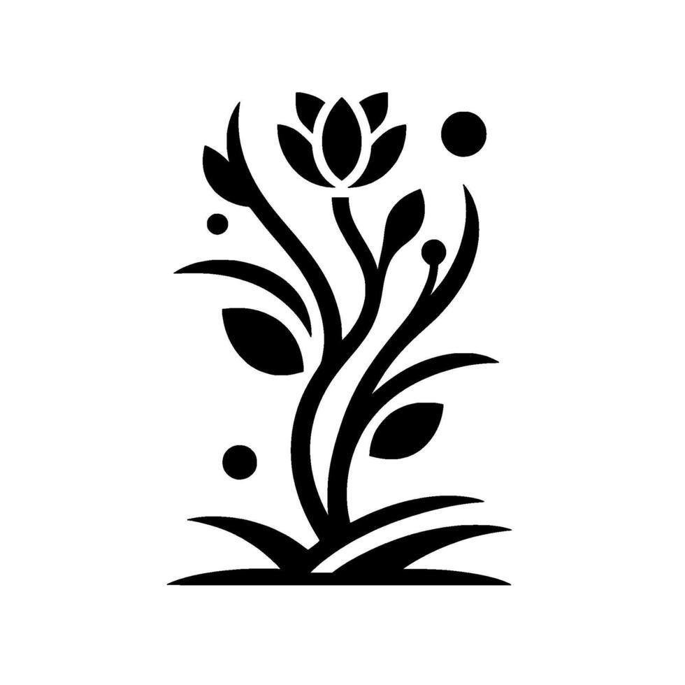 Elegant Black Silhouette of a Stylized Lotus Flower with Leaves, Dots, and Curved Stems Against White. vector