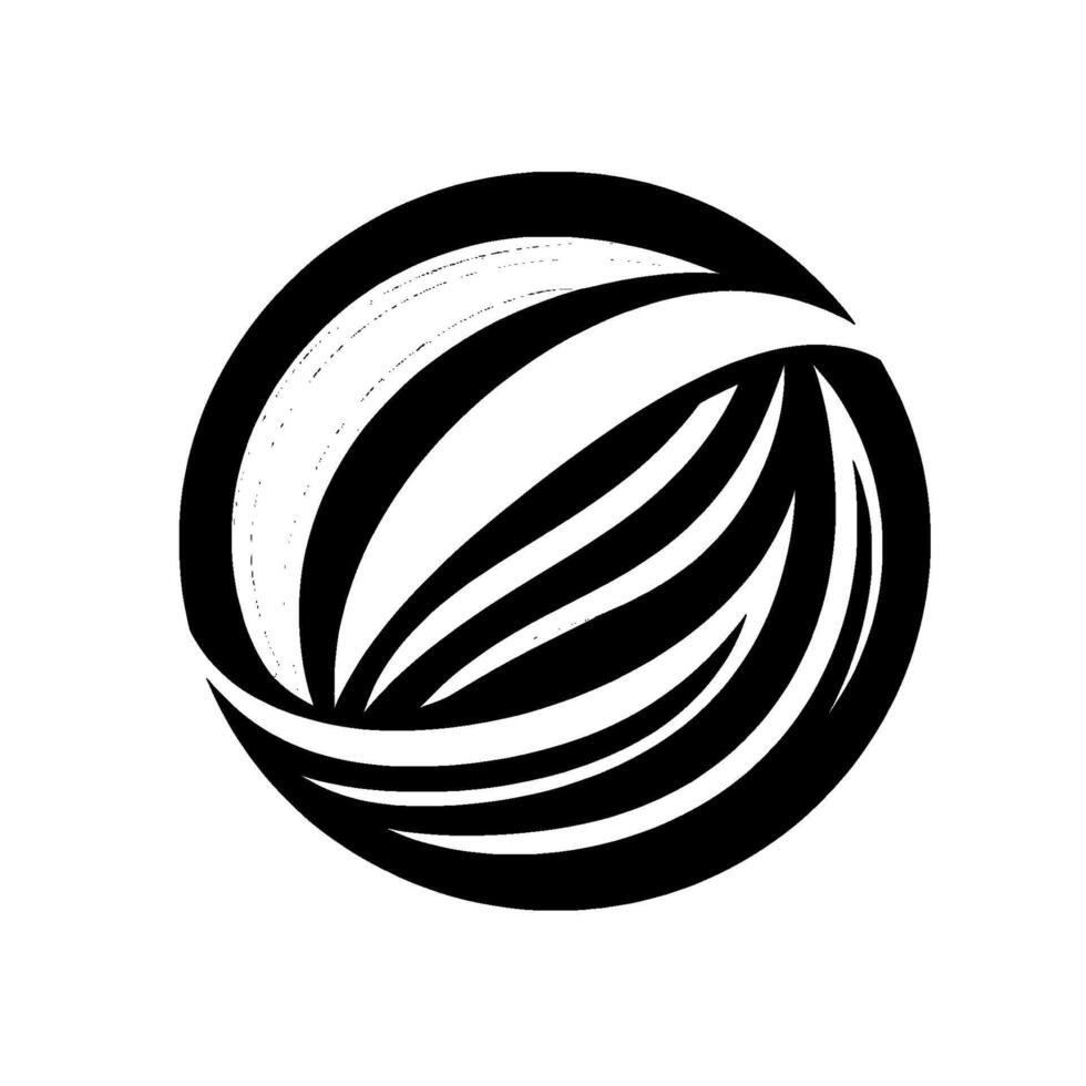 circular black and white abstract featuring curved, layered shapes within a ring, creating a dynamic visual effect on a white background. vector