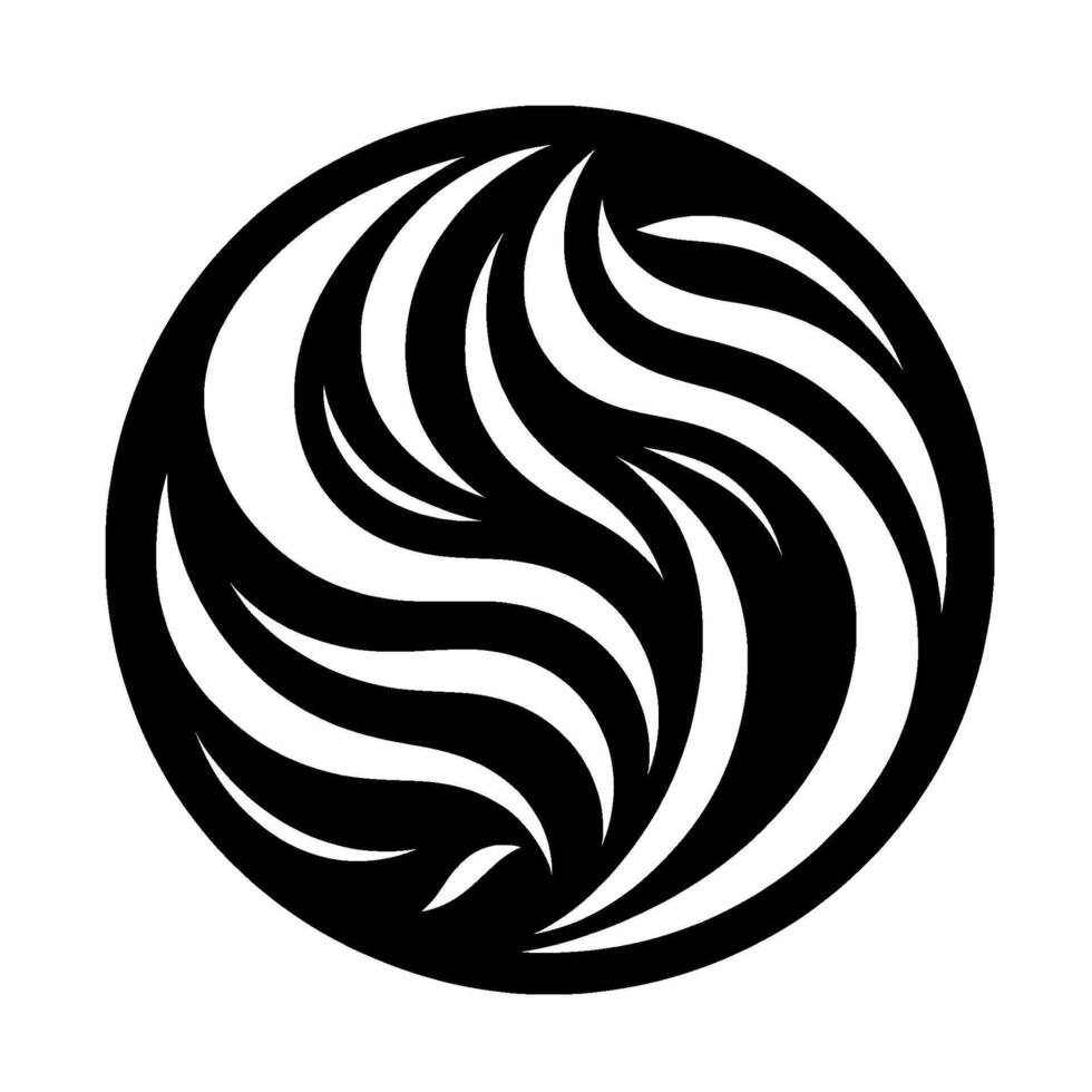 A symmetrical, stylized black and white circular featuring flowing, wavelike elements arranged within a black circle, creating an abstract, dynamic composition. vector