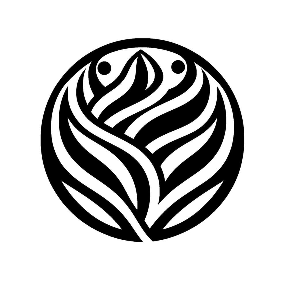 Monochromatic emblem of a stylized floral motif, incorporating curved, symmetrical lines radiating outwards from a central point, encapsulated in a perfect circle with dot accents. vector