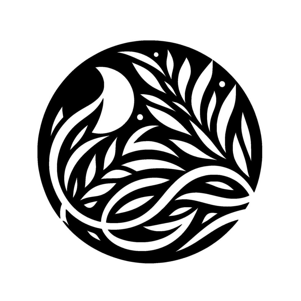 A minimalistic black and white circular depicting a crescent moon, leaves, and flowing, stylized organic shapes. vector