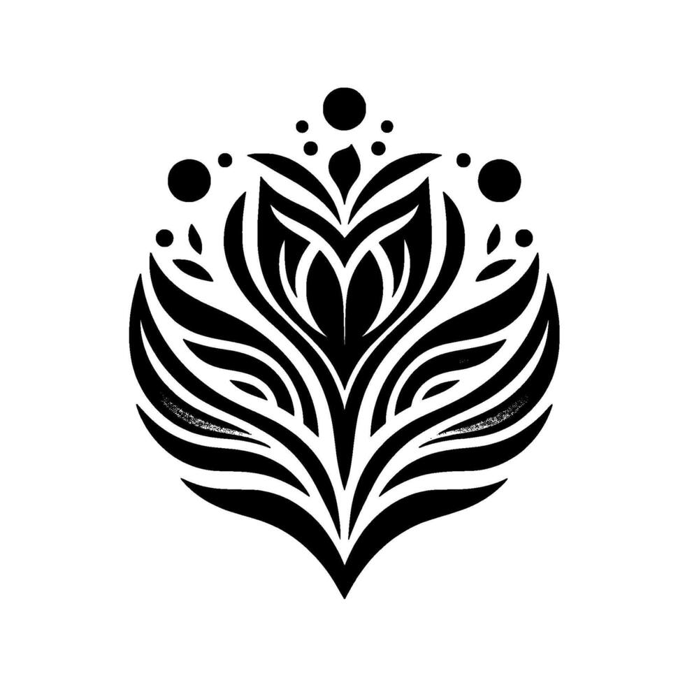 Intricate Black and White Floral Motif A Symmetrical, Abstract Featuring Layered Petals, Organic Lines, and Dot Accents on a Clean White Background. vector