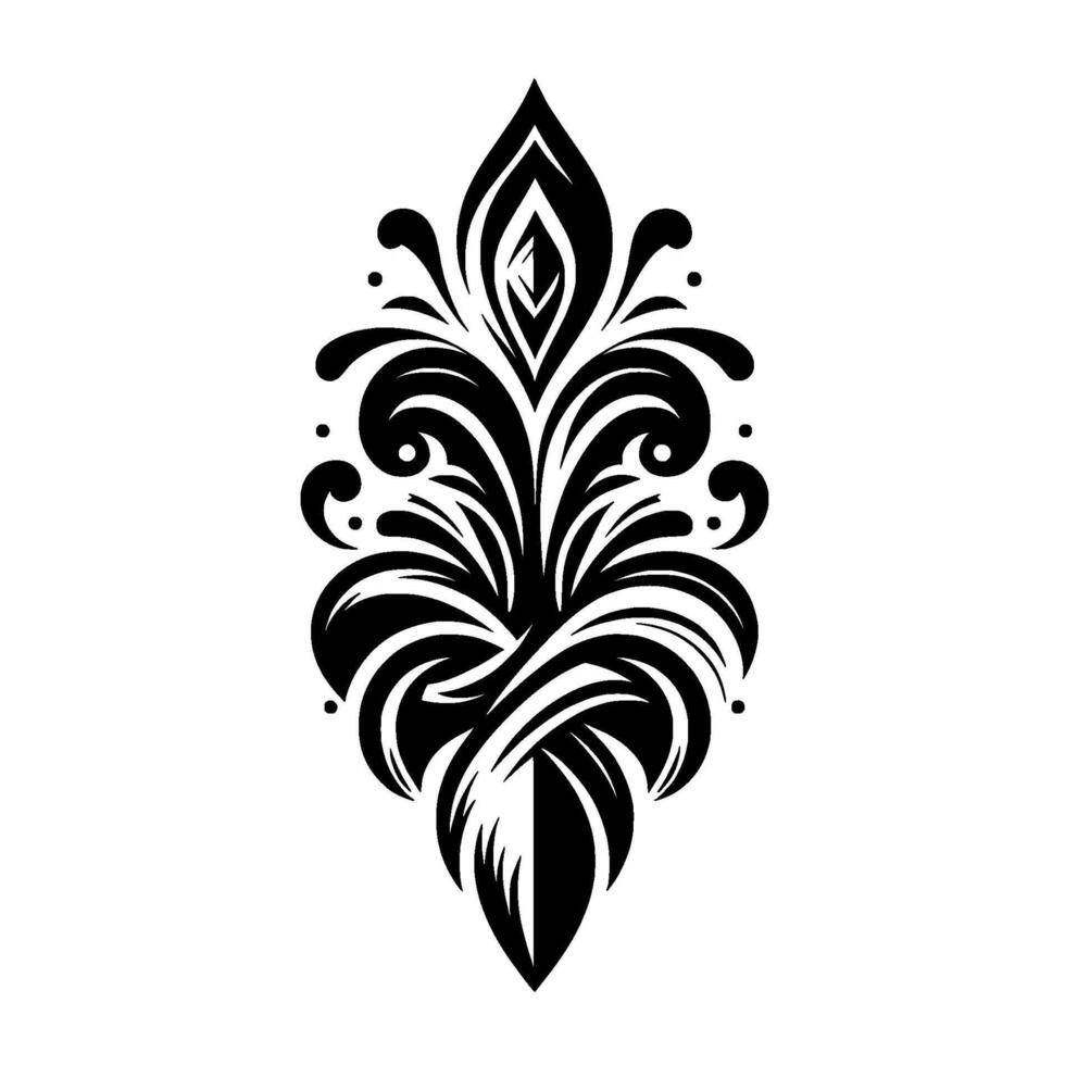 A symmetrical, elegant, black and white floralinspired resembling a stylized plant with intricate curves and flowing elements, perfect for decorative applications. vector