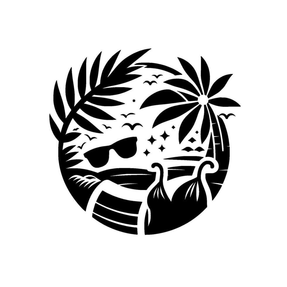 Circular Black and White Illustration of Tropical Beach Scene, Featuring Sunglasses, Palm Trees, Birds, and Beach Umbrellas. vector
