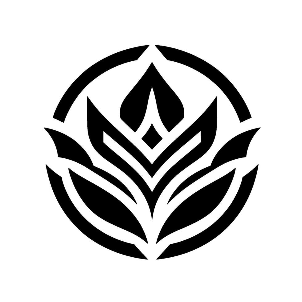 Monochromatic Floral Emblem Symmetrical black and white featuring a stylized flower within a circular frame, evoking balance and simplicity. vector